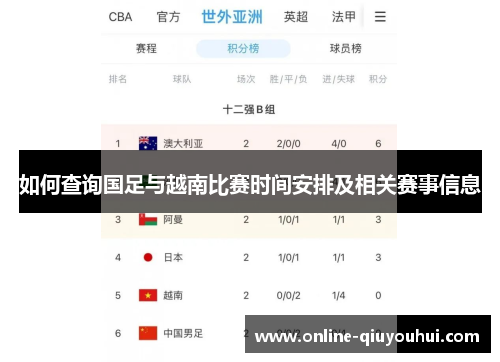 如何查询国足与越南比赛时间安排及相关赛事信息